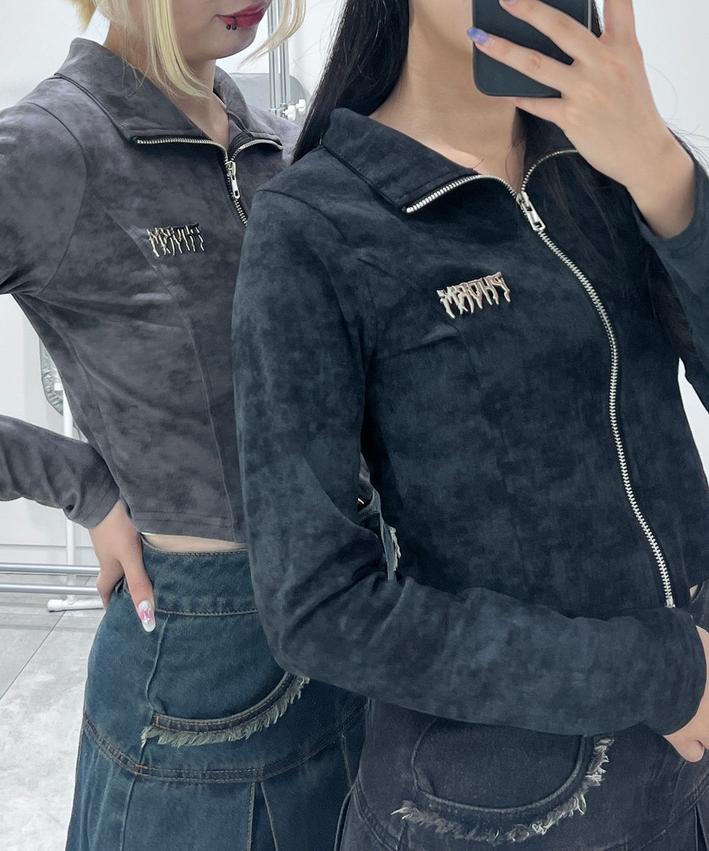 ブローチ付きダブルZIPロングスリーブトップス