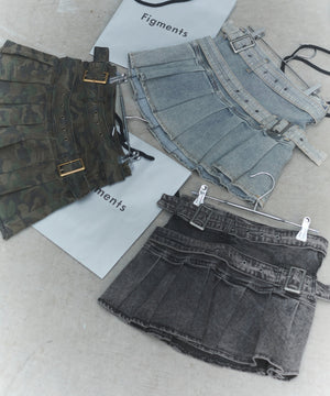 Wベルトデニムプリーツミニスカパン