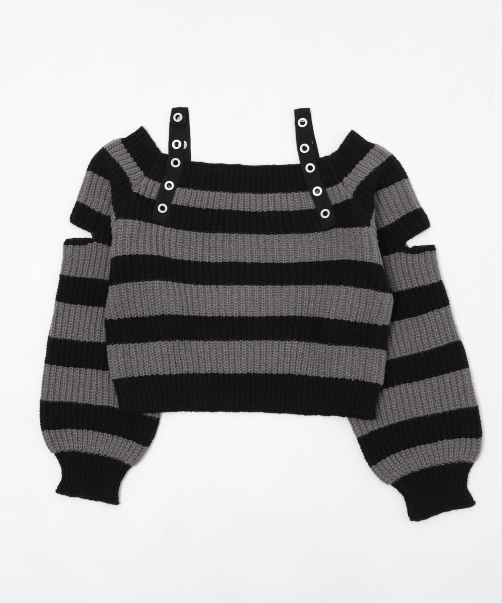 ストラップベルトオフショルボーダーニット