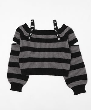 ストラップベルトオフショルボーダーニット