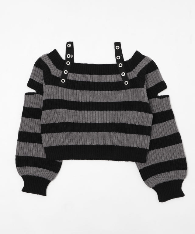 ストラップベルトオフショルボーダーニット