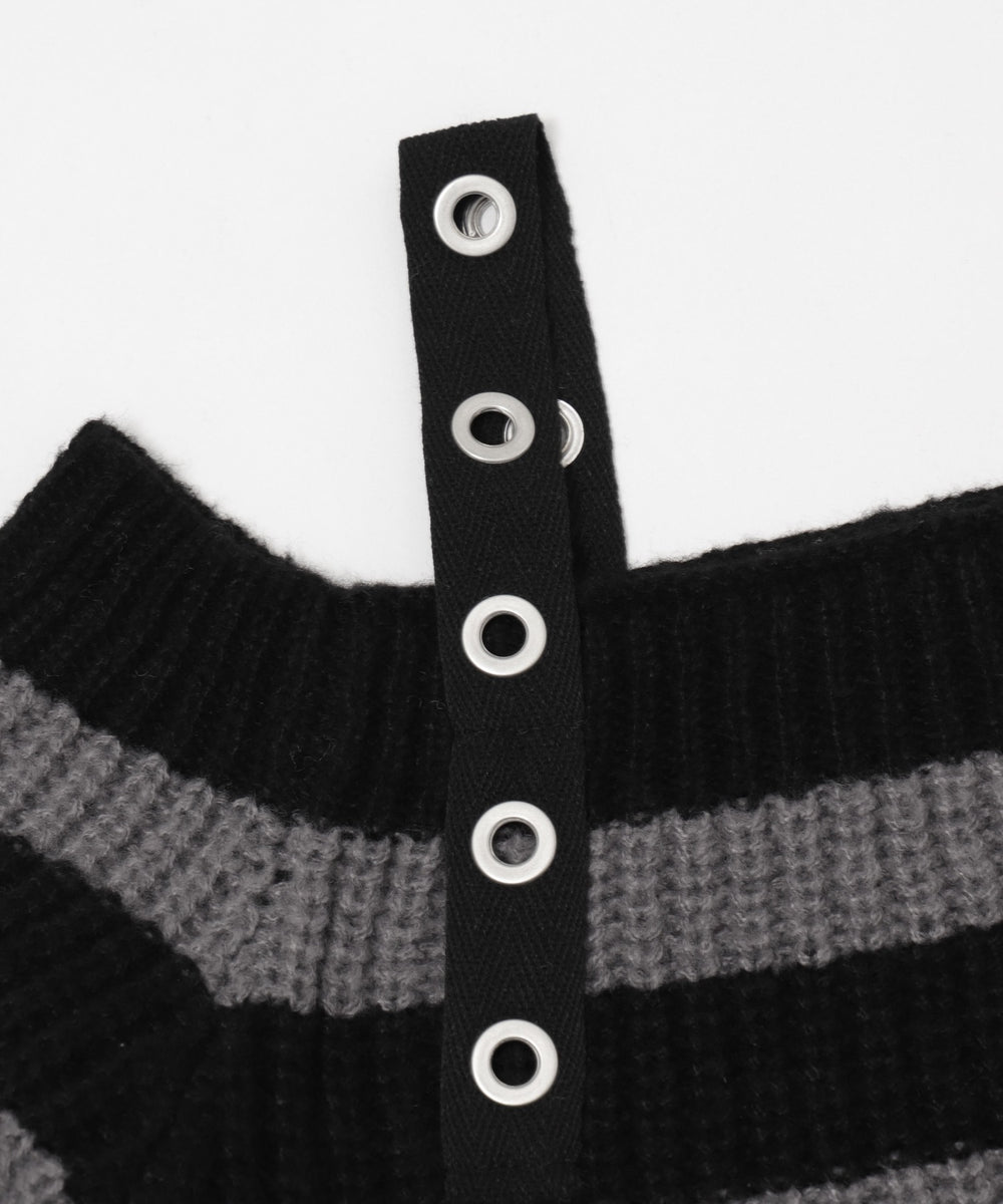 ストラップベルトオフショルボーダーニット