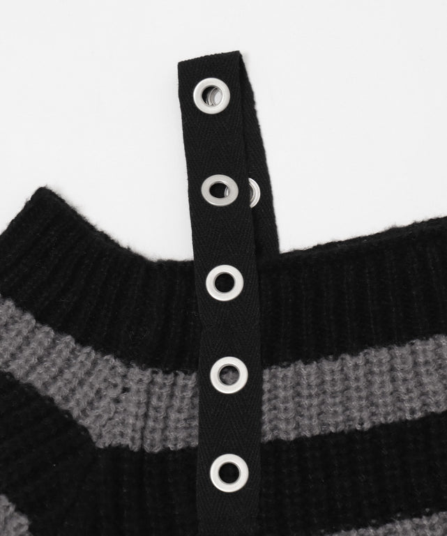 ストラップベルトオフショルボーダーニット