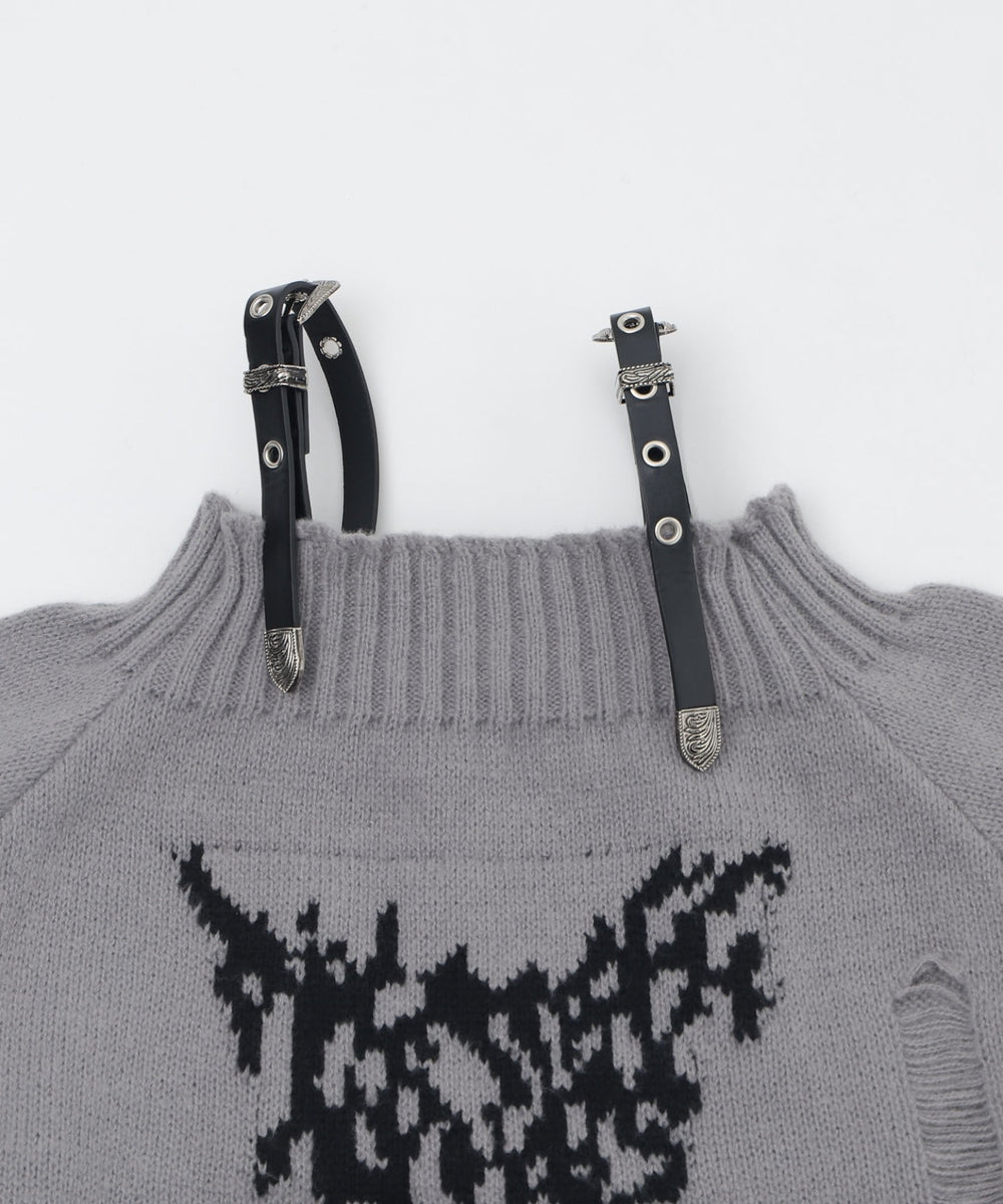 ショルダーベルトオフショルダメージニット
