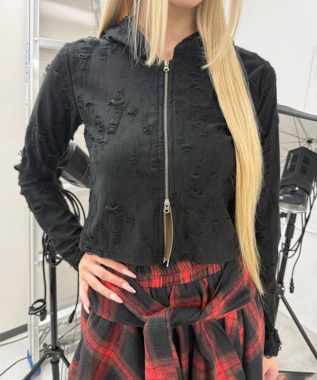 マイクロダメージZIPパーカー/ブラック モデル：167㎝ FREE着用