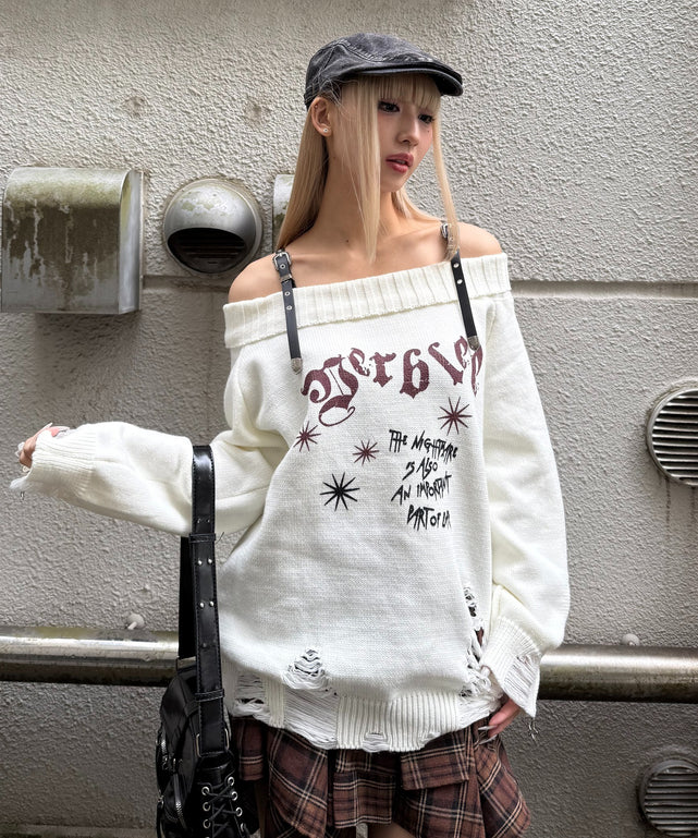 オフショルベルトゴシックロゴニット/ホワイト モデル：167㎝ FREE着用