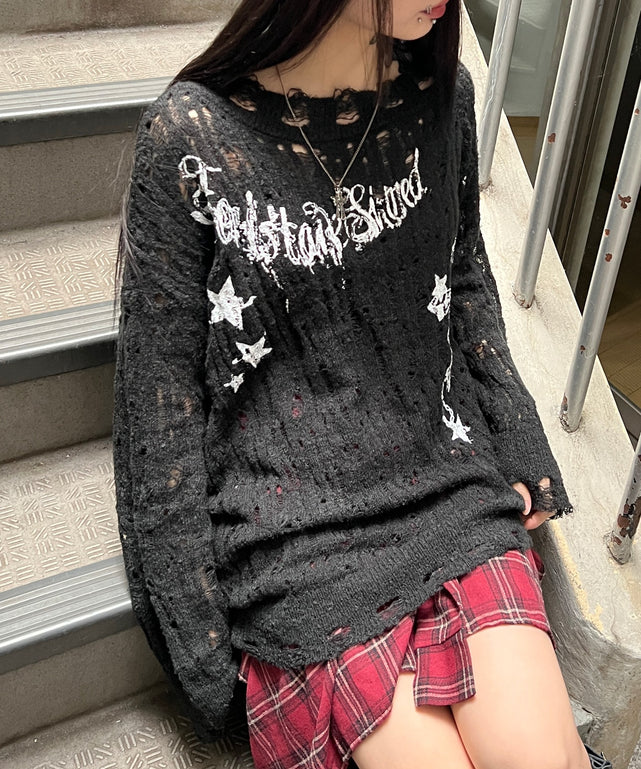 ダメージゴシックプリントニット/ブラック モデル：160㎝ FREE着用