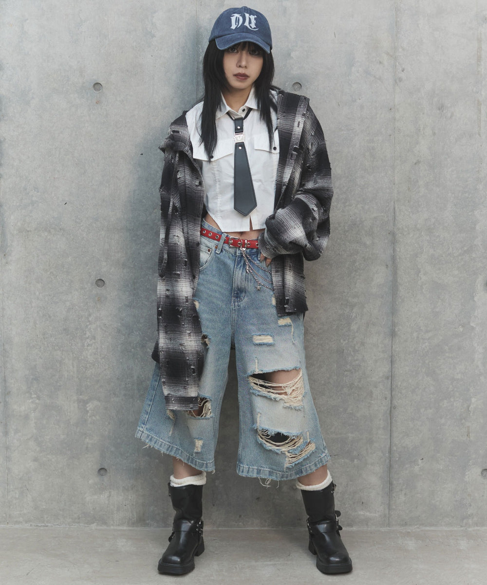 ダメージフードチェックシャツ