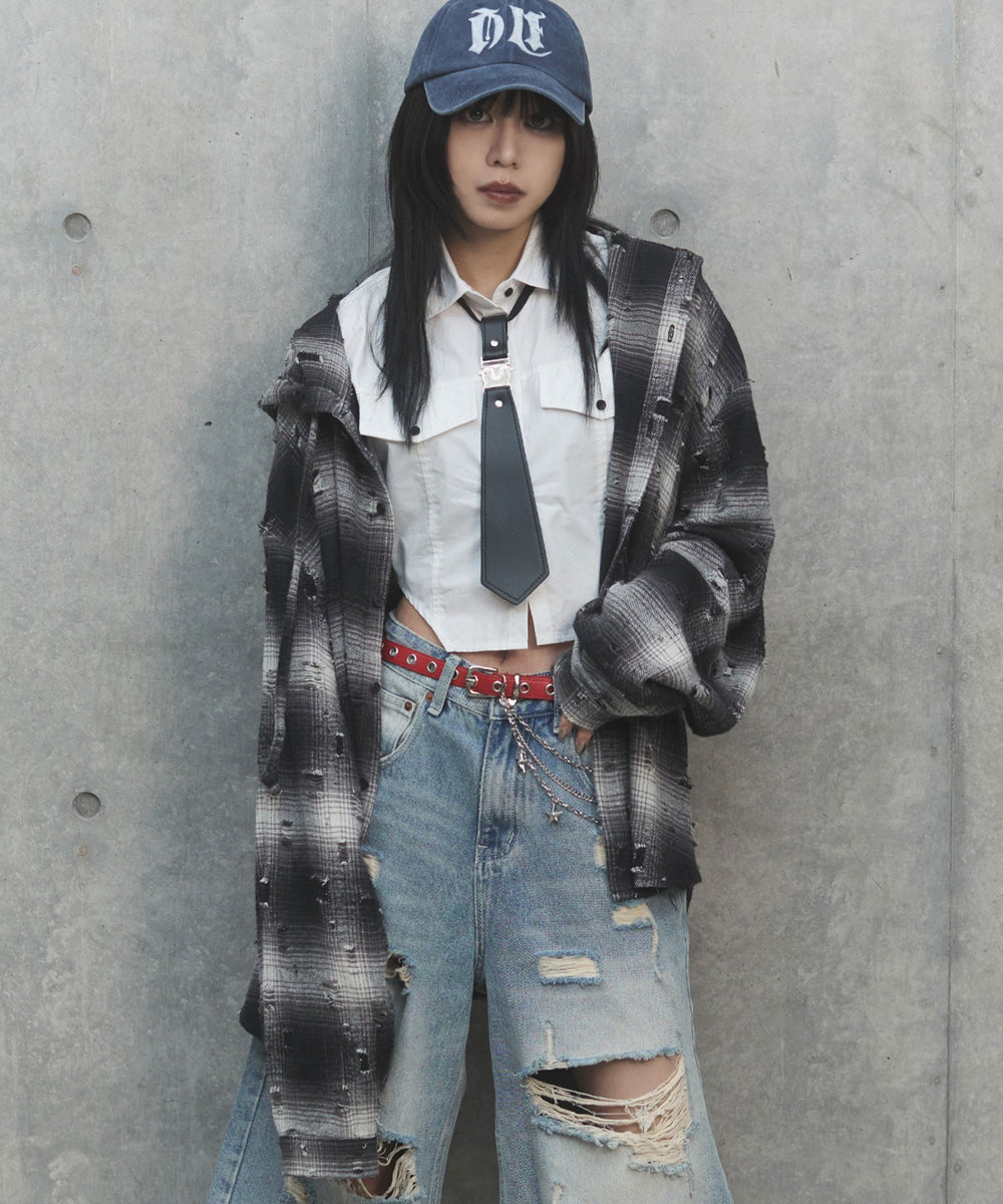 ダメージフードチェックシャツ