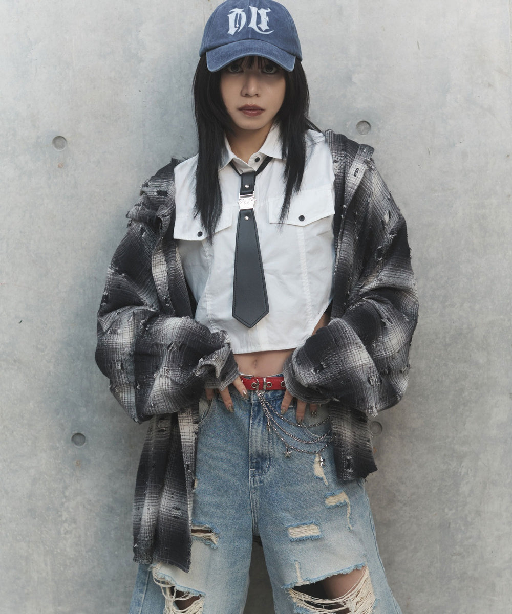 ダメージフードチェックシャツ