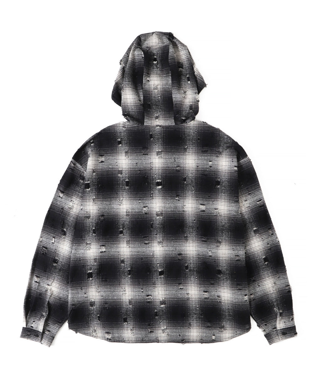 ダメージフードチェックシャツ
