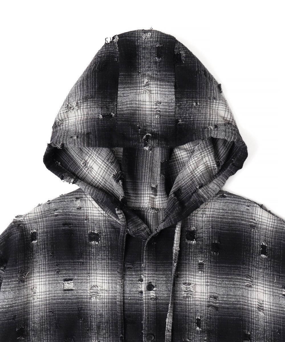ダメージフードチェックシャツ