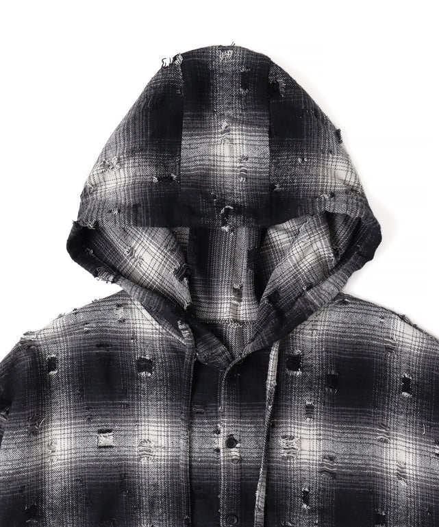 ダメージフードチェックシャツ