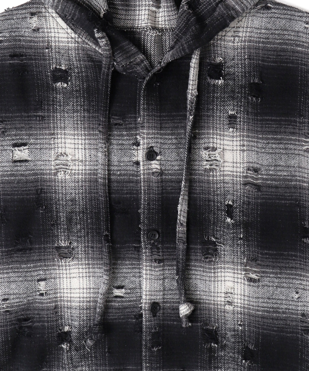 ダメージフードチェックシャツ
