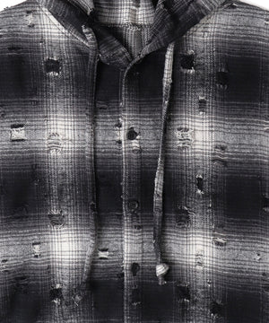 ダメージフードチェックシャツ
