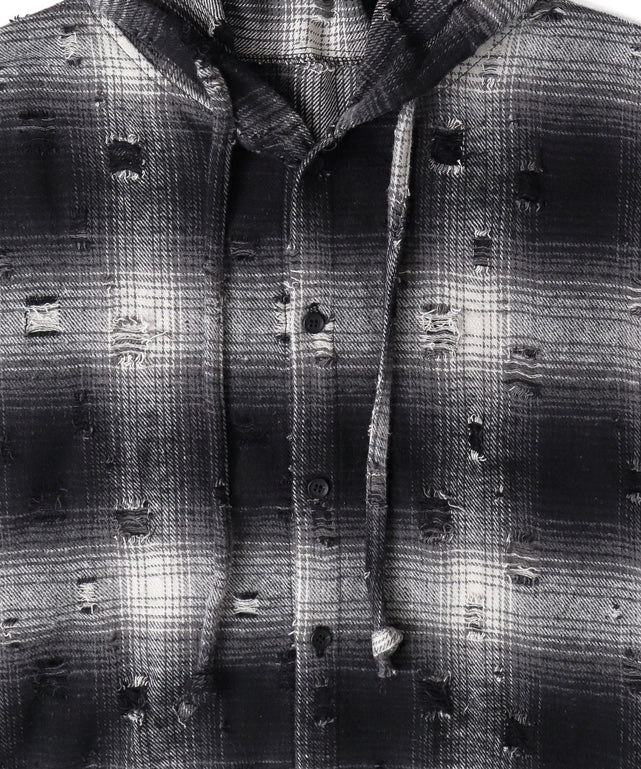 ダメージフードチェックシャツ