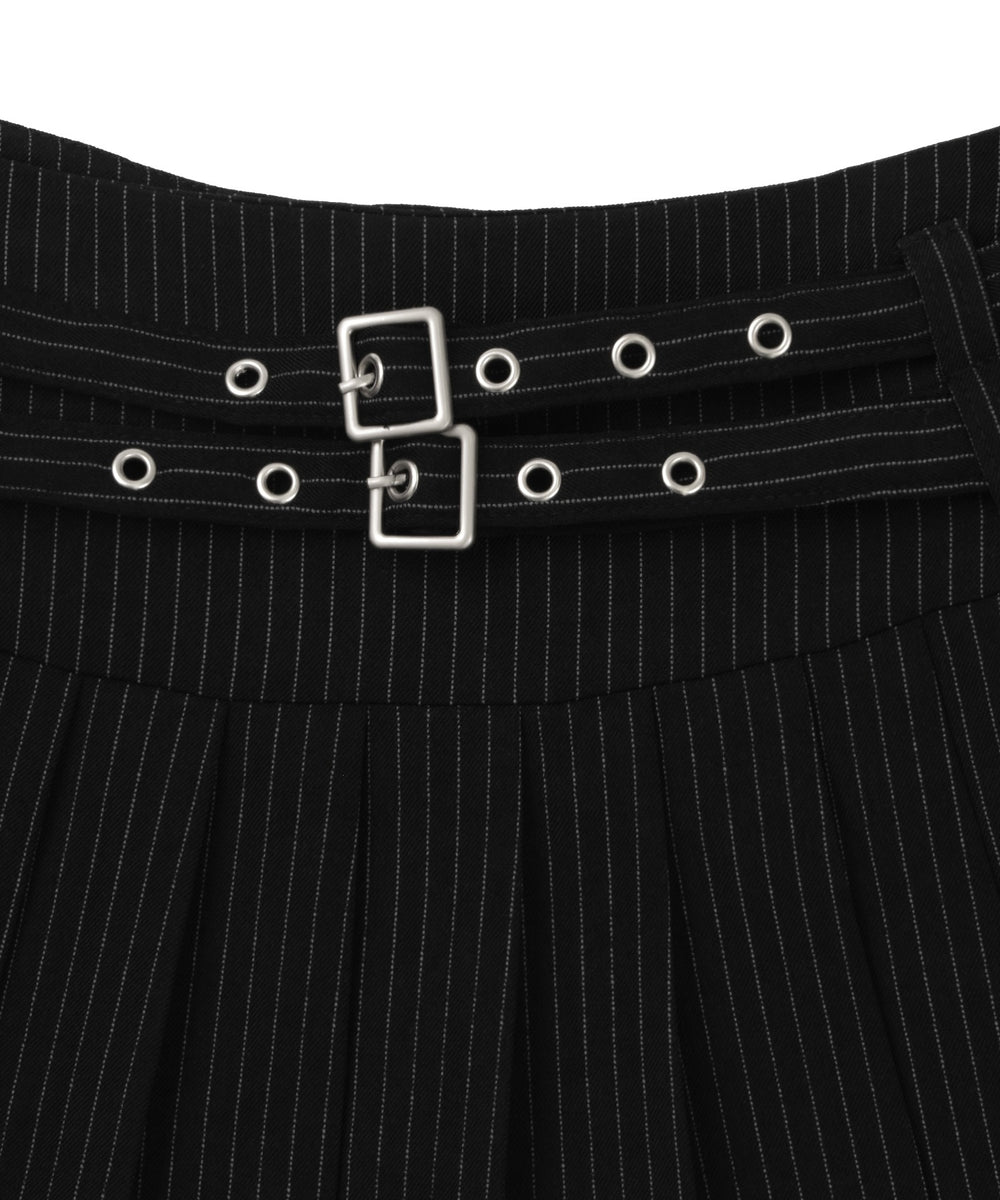 ダブルベルトストライププリーツミニスカート
