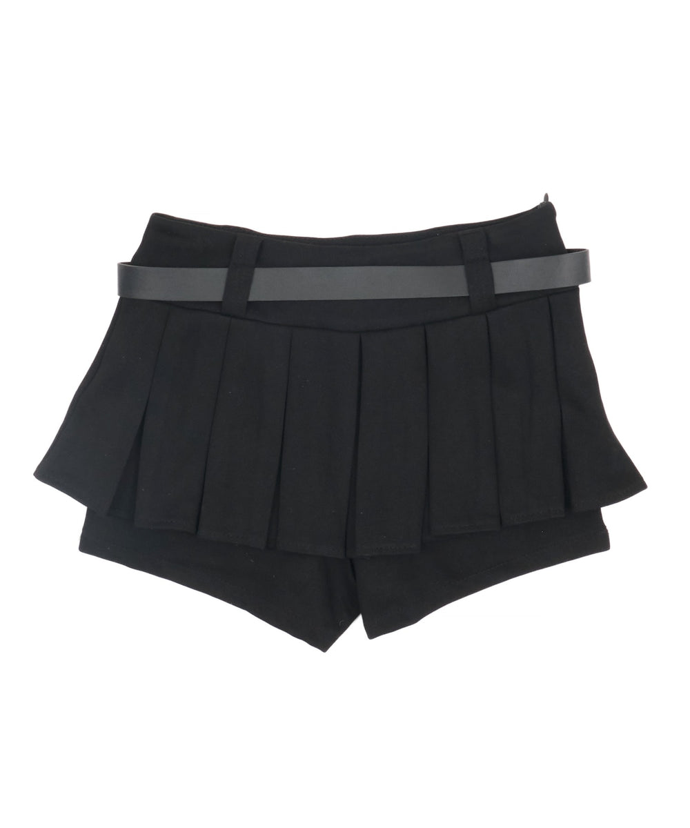 ベルト付きダブルウエストプリーツミニスカパン