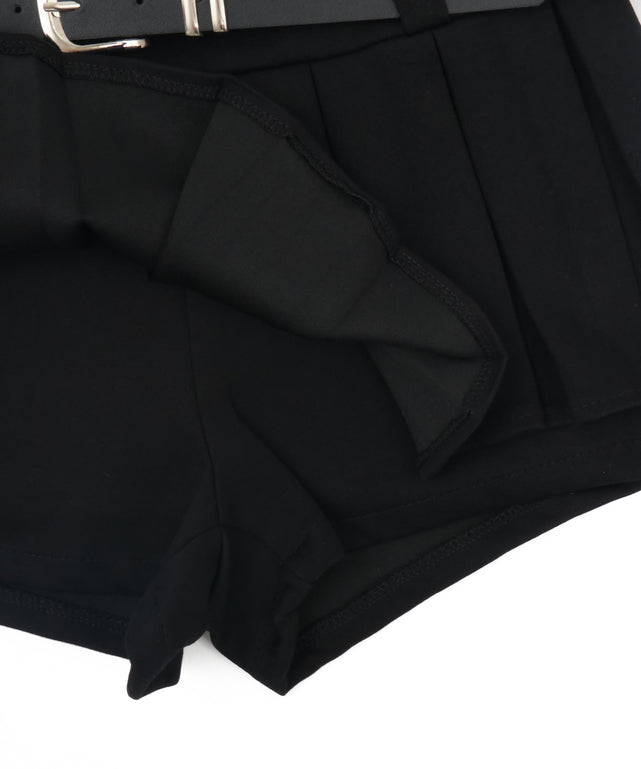 ベルト付きダブルウエストプリーツミニスカパン