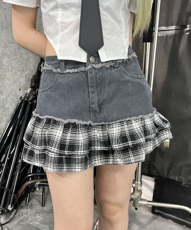 スイッチチェックミニスカパン/グレー モデル：159㎝ S着用