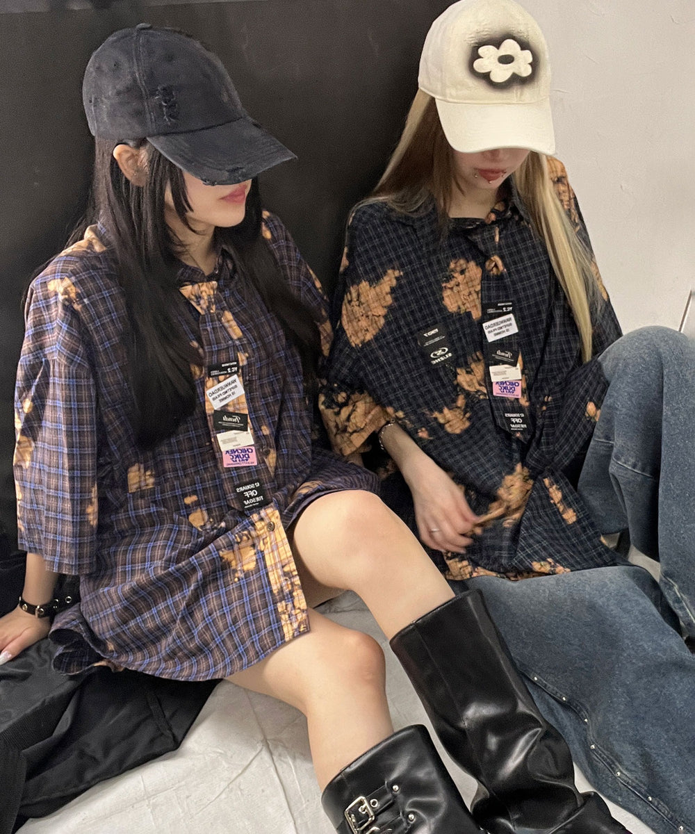 タイ付ブリーチチェックシャツ