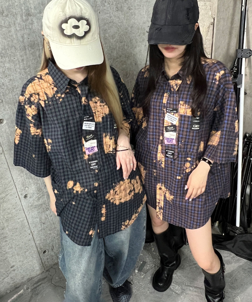 タイ付ブリーチチェックシャツ