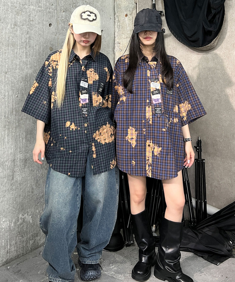 タイ付ブリーチチェックシャツ