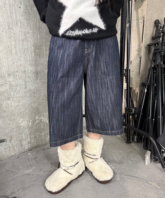 スラブデニムハーフパンツ/デニム中濃色 モデル：160㎝ M着用