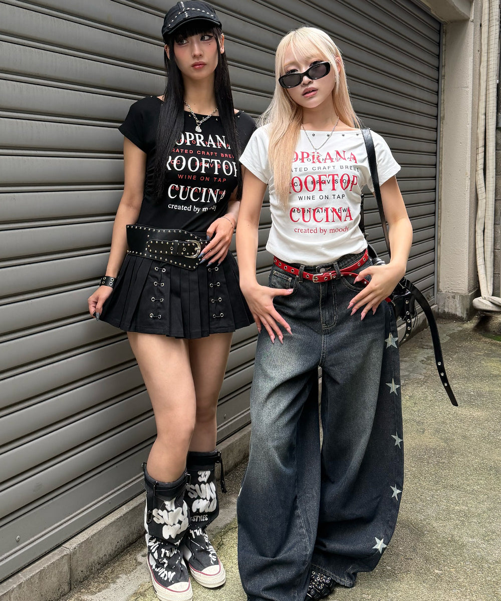 オープンネックスタッズロゴT