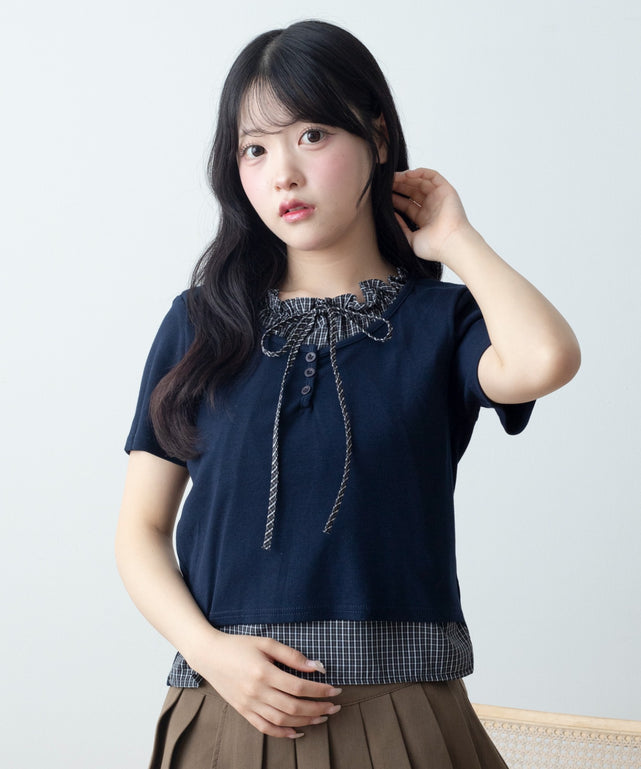 フリルドッキングヘンリーTシャツ/ネイビー モデル：155cm F着用