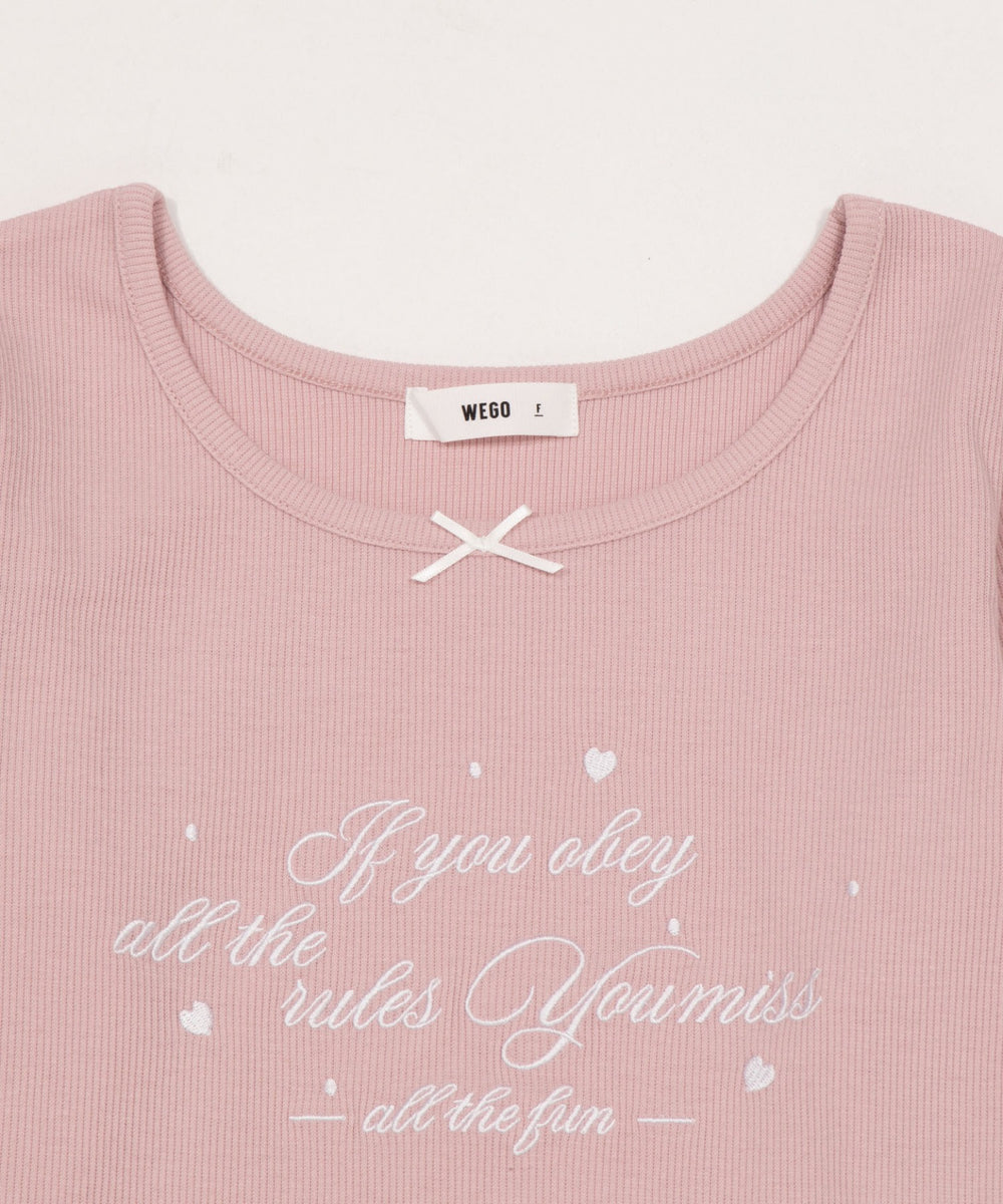 リボン付き刺繡リブロンT