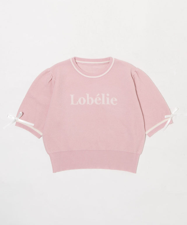 メッセージリボンポイントSSニット/ピンク モデル：155cm F着用