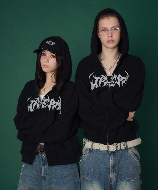 ワッフルグラフィックカットZIPパーカー/ブラック