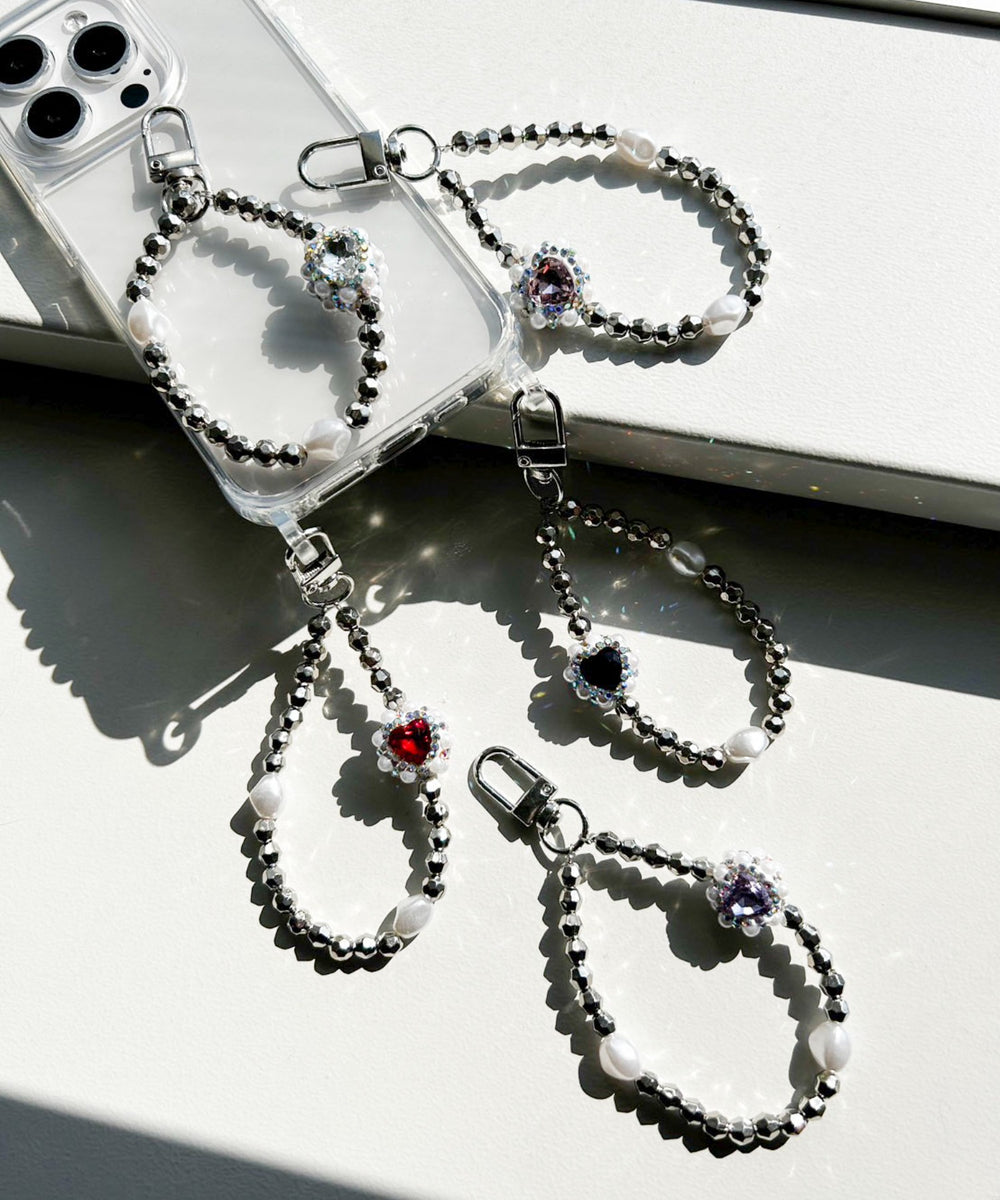 ハートビジューストラップキーホルダー