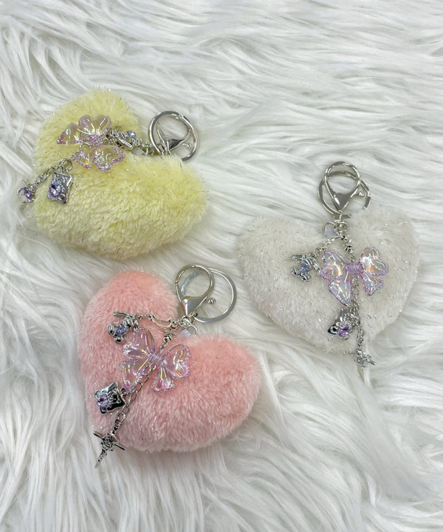 ファーハートビーズチャームキーホルダー