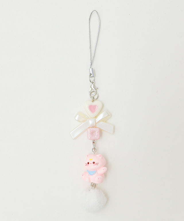 ネコぽんぽんビーズストラップキーホルダー/Lピンク