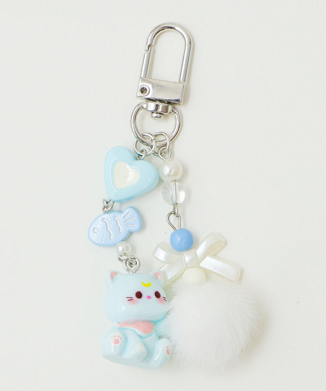 ネコぽんぽんビーズキーホルダー/サックス