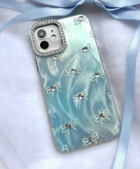 ビジューリボンiphoneケース（サックス）