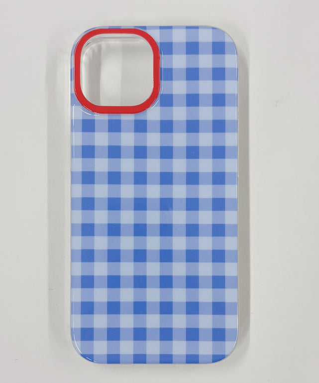 チェックiphoneケース（サックス）/柄1(iPhone15)
