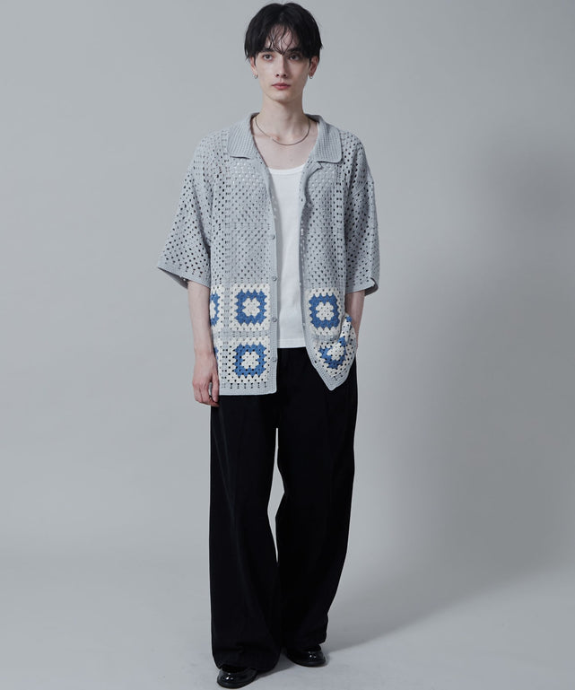 メルヴィンス クロシェ編み ニット 半袖シャツ L ボタン クリーム S3203 Revo. シャツ 「Revo.」コットンクロシェ編み ショートスリーブ