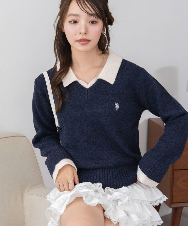 U.S.POLO ASSN.別注レイヤードニット/ネイビー　モデル：165cm F着用