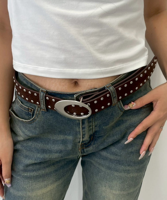 Lオーバルバックルスタッズベルト/ブラウン