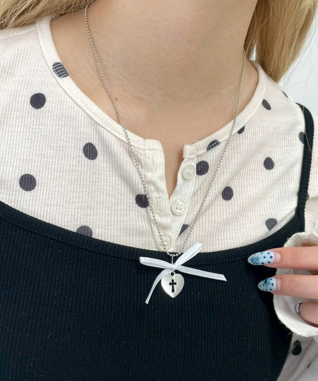 Lリボンハートボールチェーンネックレス/シルバー