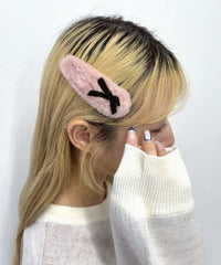 Lベロアリボン付ファーヘアピン