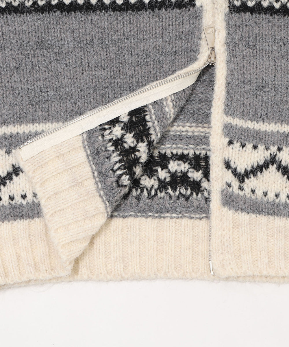 トライバル柄カウチンジップニット