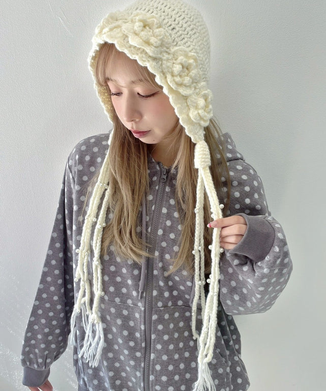 フラワーデザインニットボンネット/ホワイトアイボリー