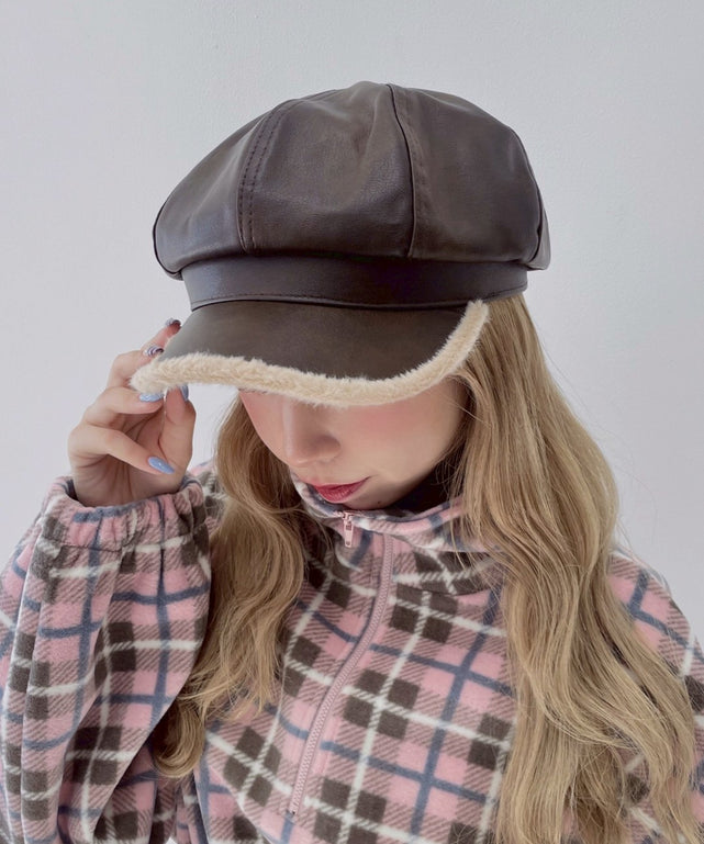 ファーデザインPUキャスケット/ブラウン