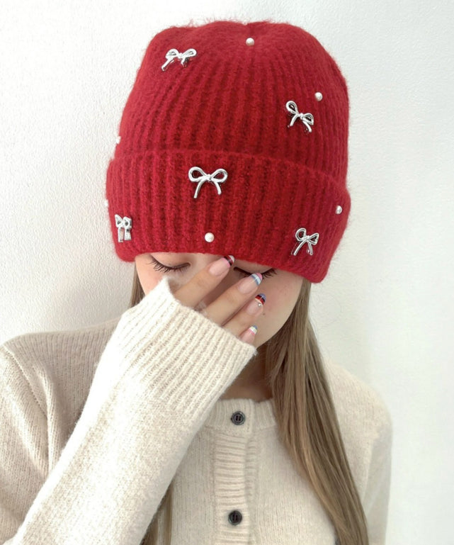 パールリボンニットキャップ/レッド