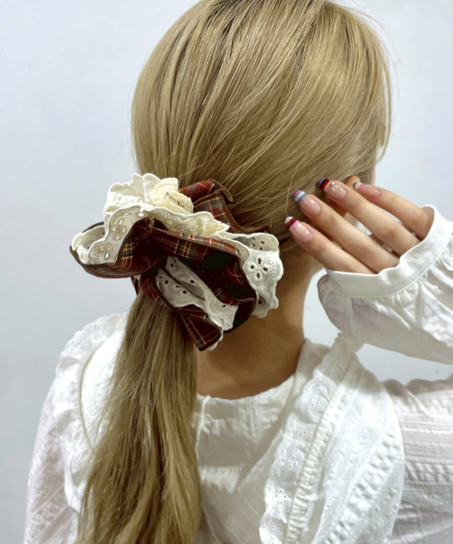 Lレースレイヤードチェックシュシュ/レッドチェック１