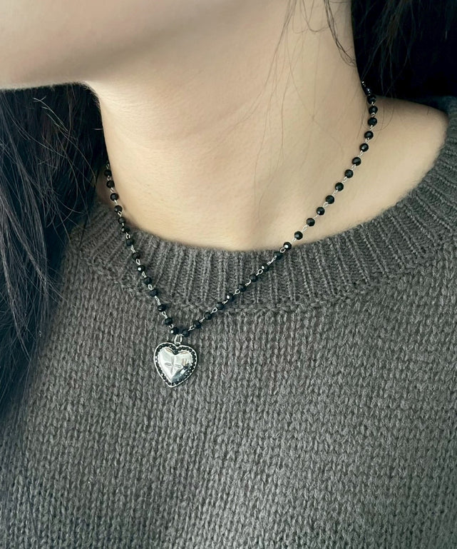 Lビーズチェーンハートモチーフネックレス/ブラック